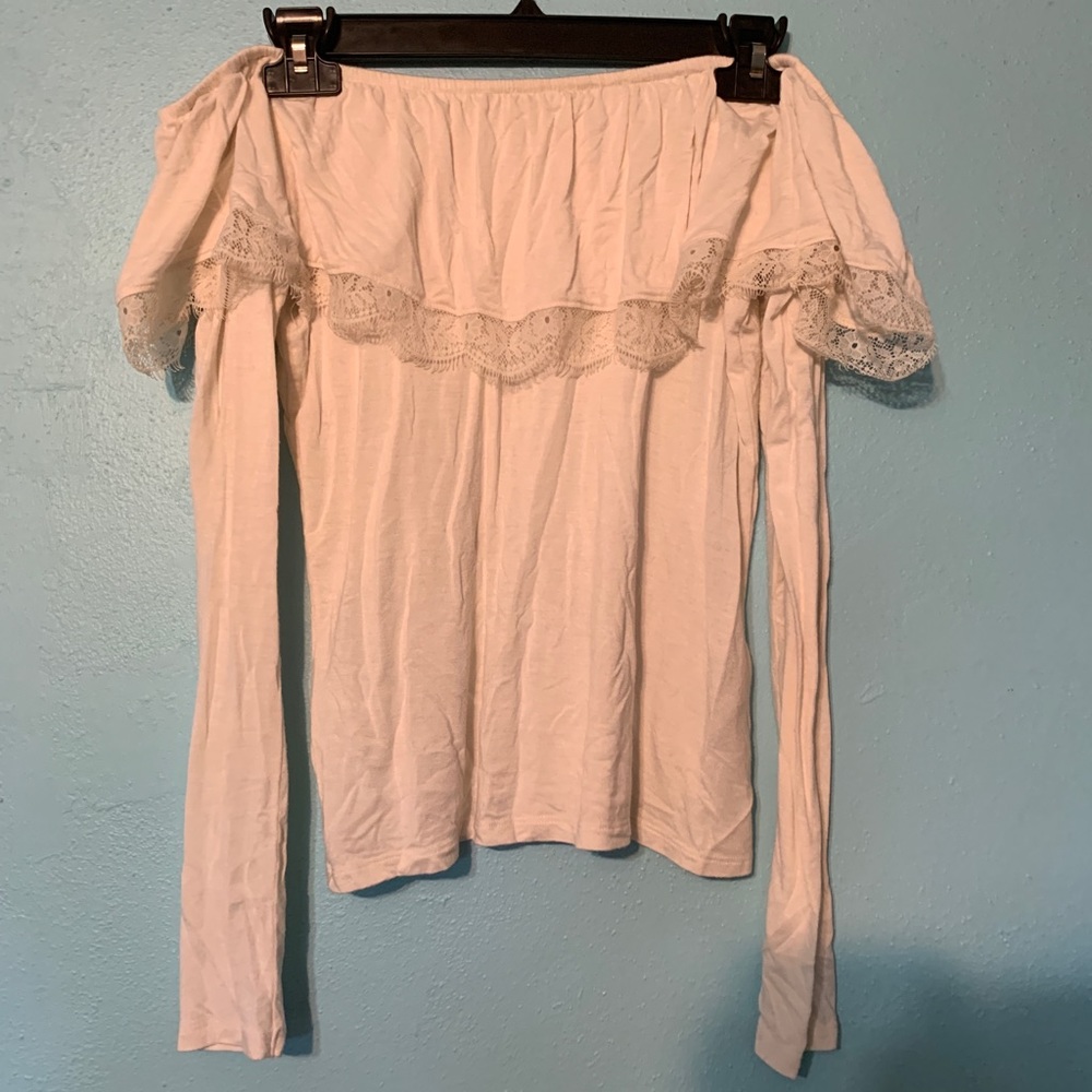 White over the shoulder long sleeved shirt